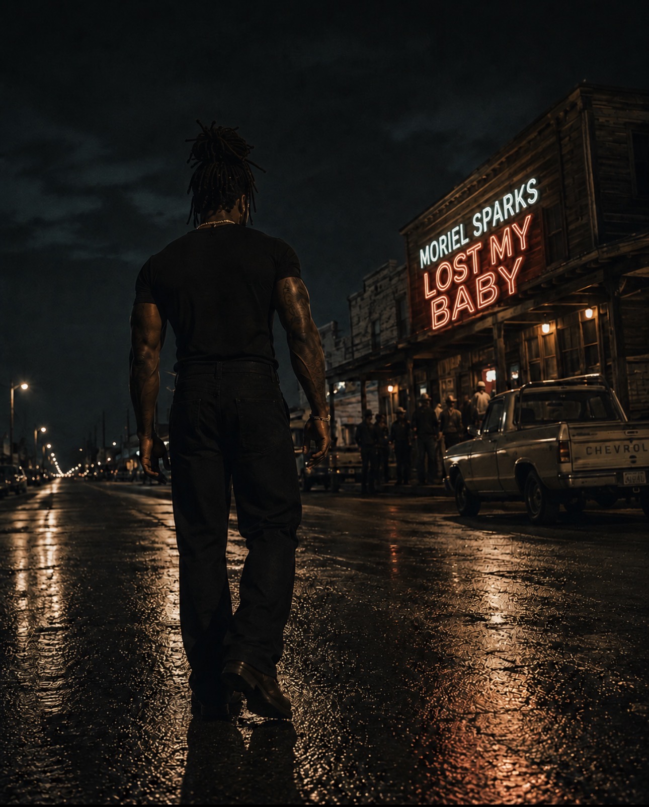 Moriel Sparks at night beside a vintage pickup truck outside a neon-lit country bar