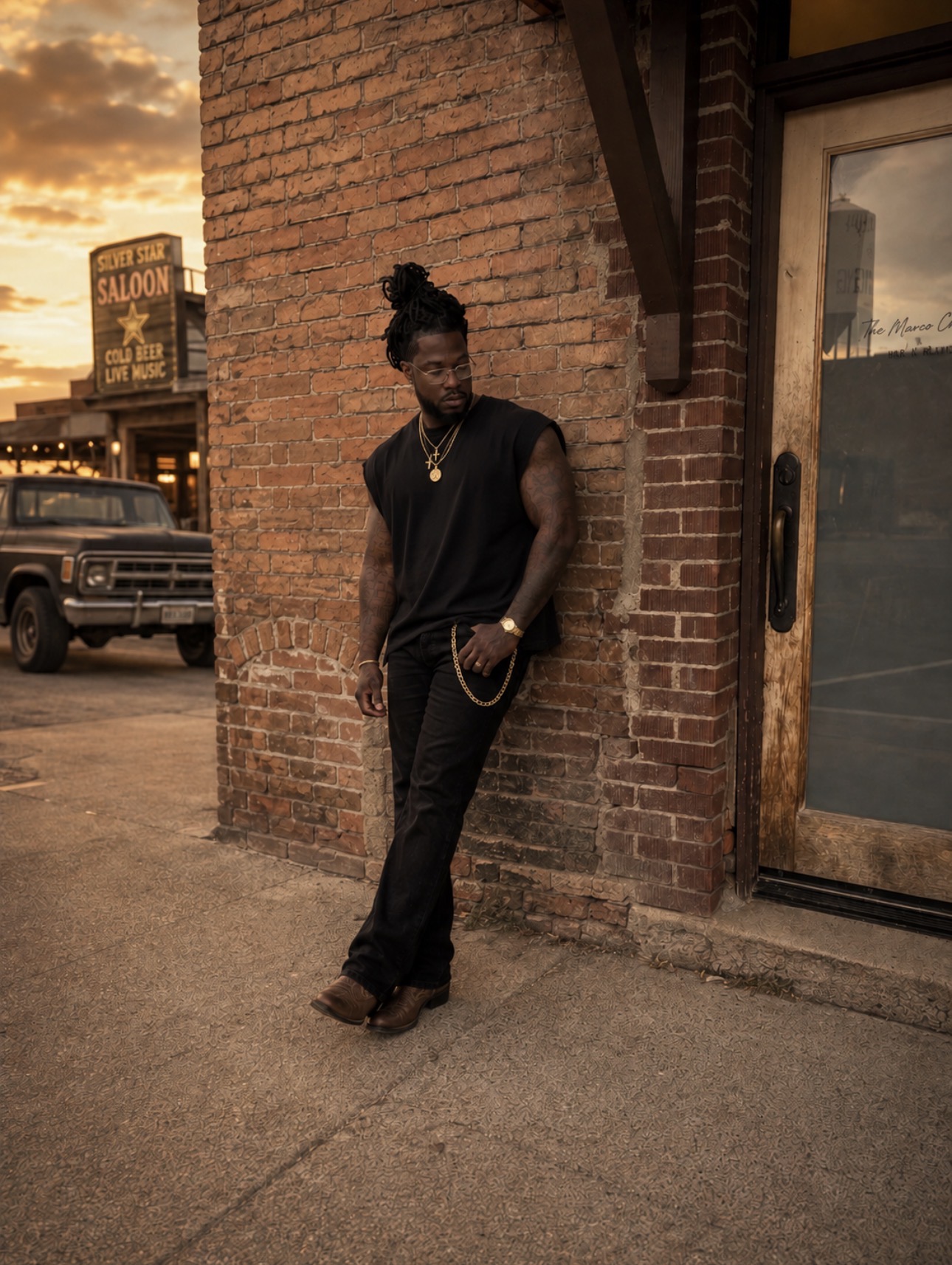Moriel Sparks leaning on a brick wall outside the Silver Star Saloon at sunset