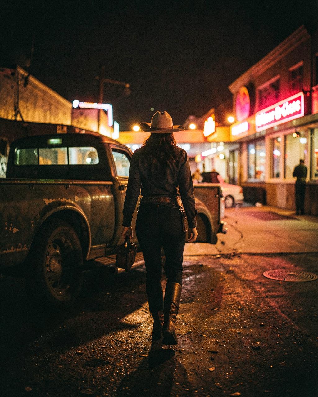 A cowgirl walking away from a truck toward neon bar lights